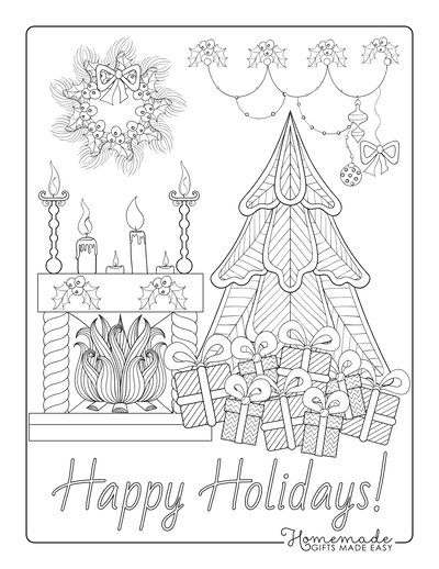 Christmas Coloring Pages for Adults Fireside Tree Gifts Wreath