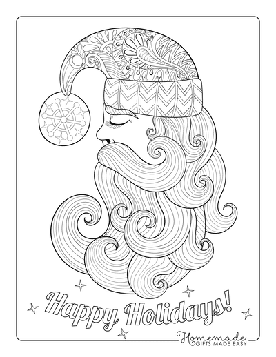 Christmas Coloring Pages for Adults Santa Claus Swirly Beard Decorative Hat