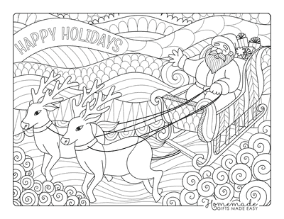 Christmas Coloring Pages for Adults Santa Reindeer Sleigh Clouds