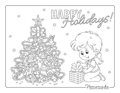 Christmas Coloring Pages Girl Opening Present Decorated Tree