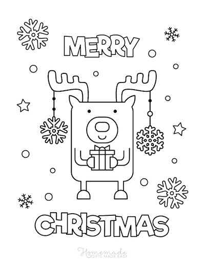 Christmas Coloring Pages Merry Rudolph Holding Gift Snowflakes