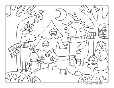 Christmas Coloring Pages Woodland Animals Decorating Christmas Tree