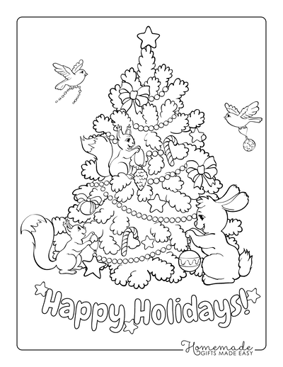 Christmas Coloring Pages Woodland Animals Decorating Tree