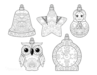 Christmas Ornaments Coloring Pages 5 Decorative Ornaments Bell Star Owl Clock Doll