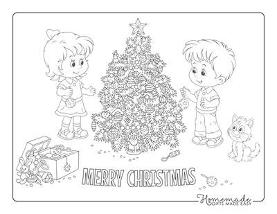 Christmas Tree Coloring Page Children Decorating Tree Cat