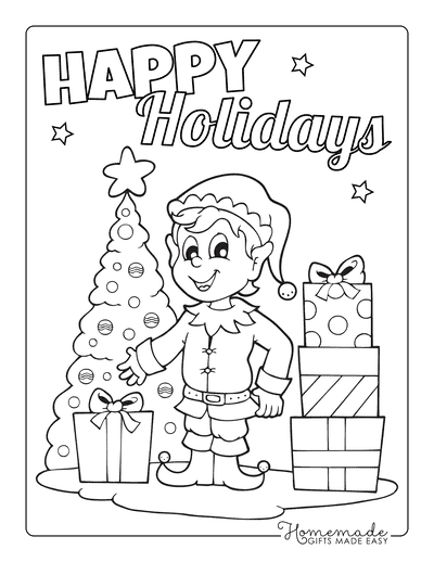 Christmas Tree Coloring Page Cute Elf Delivering Presents