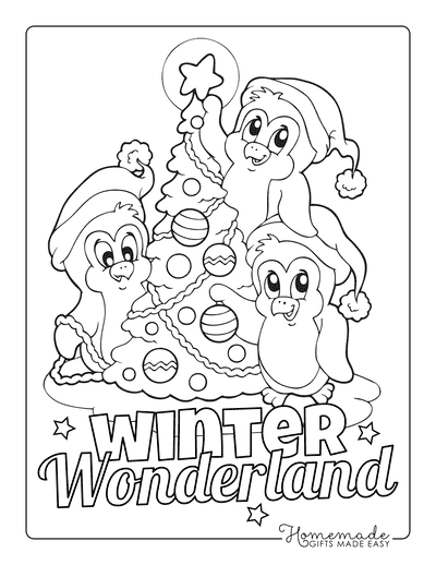 Christmas Tree Coloring Page Cute Penguins Decorating Tree