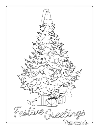 Christmas Tree Coloring Page Decorated Santa Hat Gifts