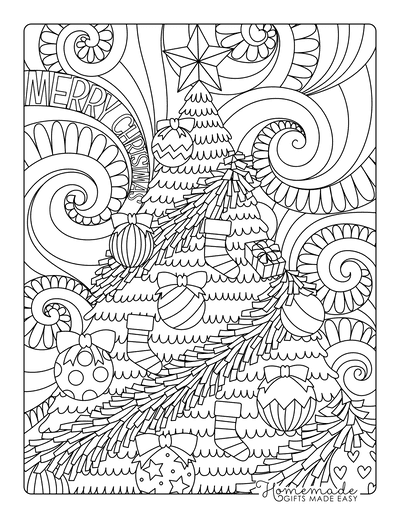 Christmas Tree Coloring Page Decorated Tree Swirly Background for Adults