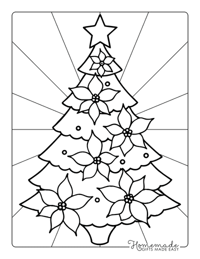 Christmas Tree Coloring Page Easy Tree Poinsettias Flowers