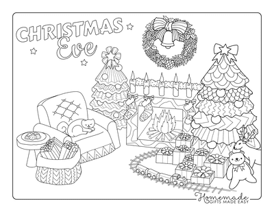 Christmas Tree Coloring Page Fireside Decorated Tree Train Set Presents