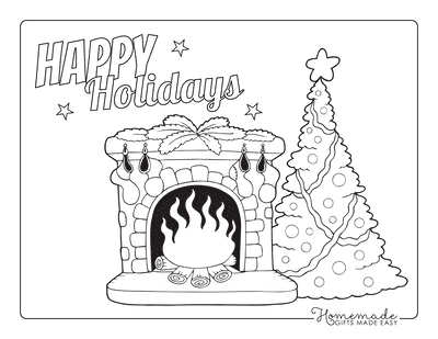 Christmas Tree Coloring Page Fireside Hearth Stockings Decorated Tree