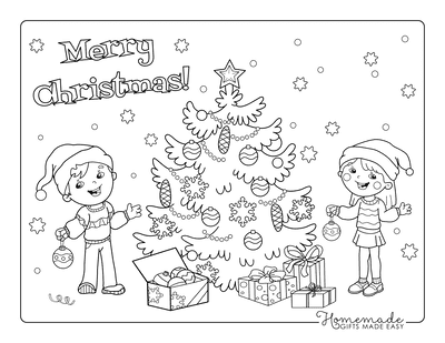 Christmas Tree Coloring Page Girl Boy Decorating Tree Merry Christmas