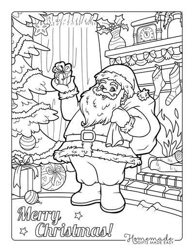 Christmas Tree Coloring Page Santa Delivering Gifts Fireside