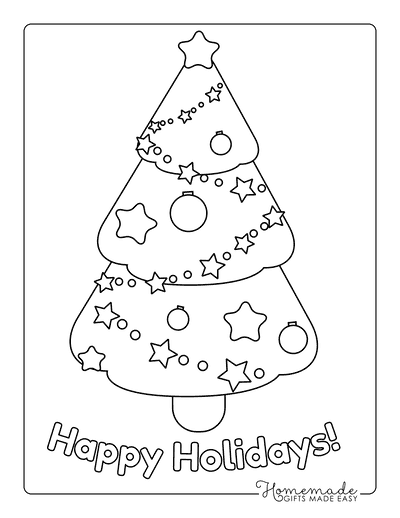 Christmas Tree Coloring Page Simple Decorated Stars Baubles