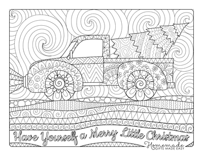 Christmas Tree Coloring Page Tree in Truck Detailed Drawing for Adults