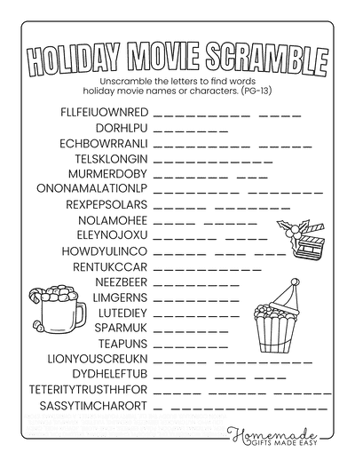 Christmas Word Scramble Holiday Movies Hard