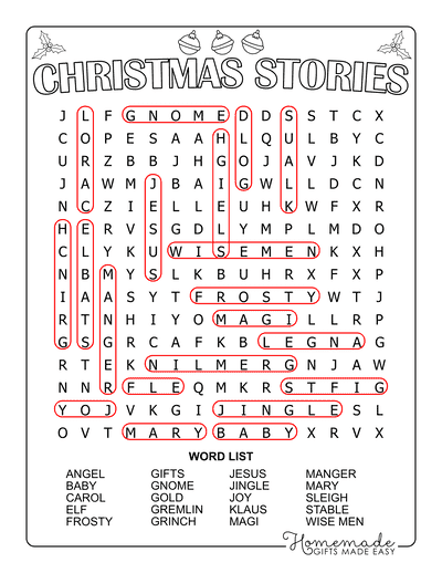 Christmas Word Search Holiday Stories Medium Answers