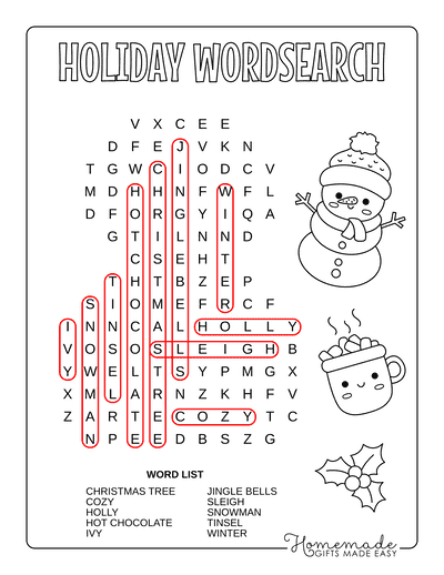 Christmas Word Search Snowman Easy Answers