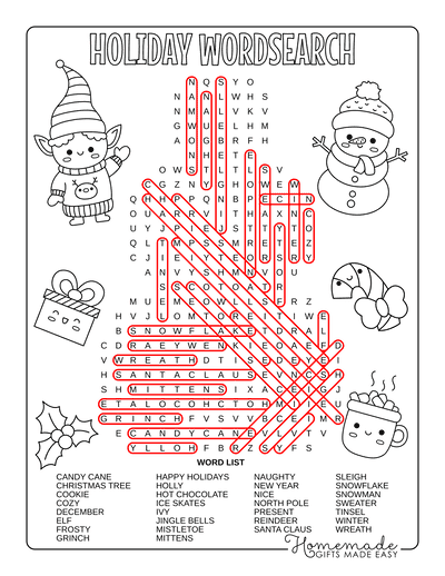 Christmas Word Search Snowman Hard Answers