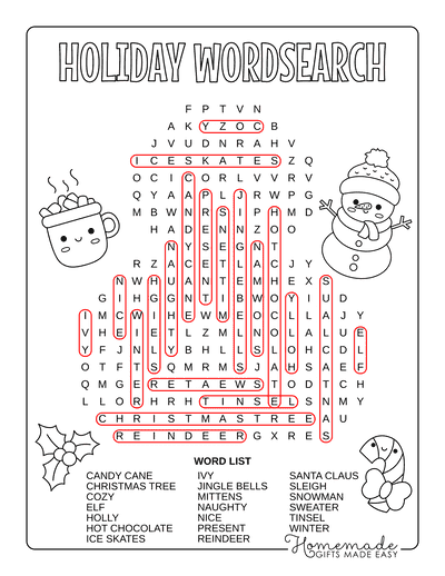 Christmas Word Search Snowman Medium Answers