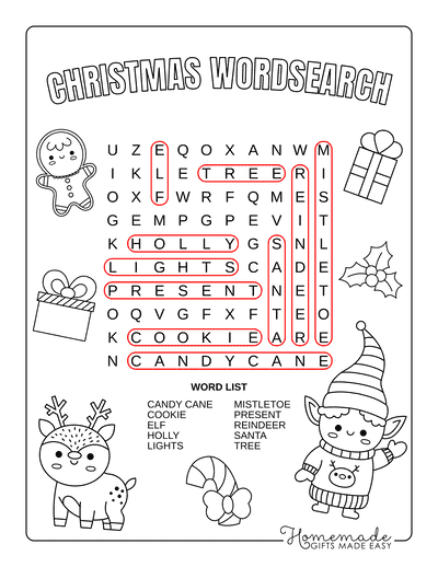 Christmas Word Search Square Easy Answers