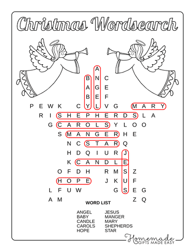 Christmas Word Search Star Easy Answers
