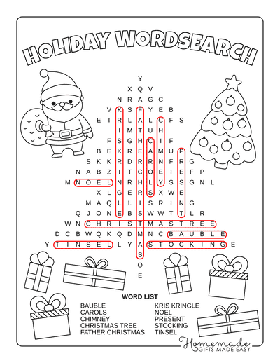 Christmas Word Search Tree Easy Answers