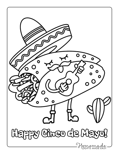 Cinco De Mayo Coloring Pages Cute Traditional Mariachi Burrito Drawing to Color