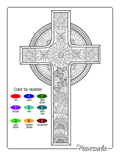 Color by Number for Adults Faith Cross With Flowers