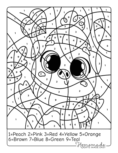 Color by Number Printable Cute Pig in Sweater Fall Leaves