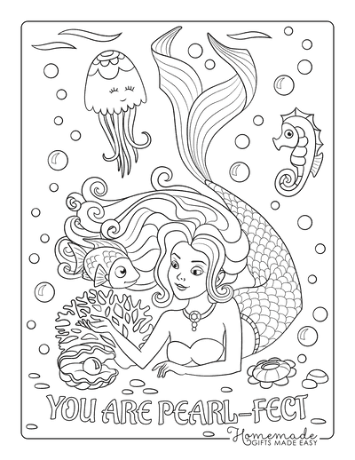Coloring Pages for Girls Mermaid Fish Clam Pearl Seahorse Corals