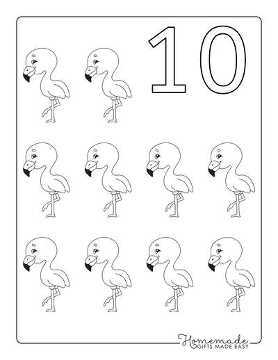 Coloring Sheets for Kindergartners Numbers 10 Flamingos