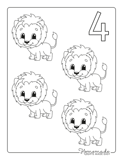 Coloring Sheets for Kindergartners Numbers 4 Lions