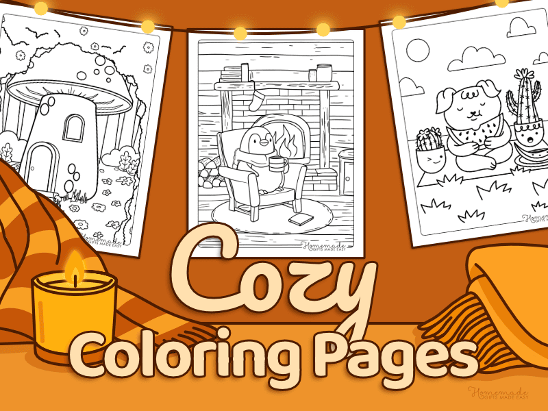 Cozy coloring pages montage image with a cozy, cartoon living room wall, blanket, candle, and fairy lights.