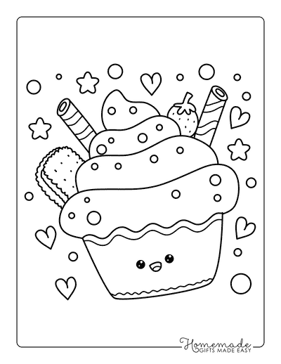 Cupcake Coloring Pages Kawaii Cupcake Coloring Page With Cookies and Hearts