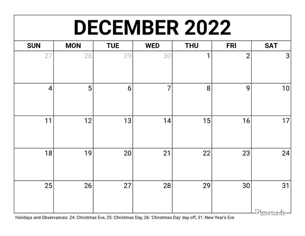 december Calendar 2022 Printable Blank