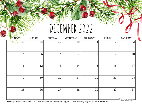 december Calendar 2022 Printable Christmas