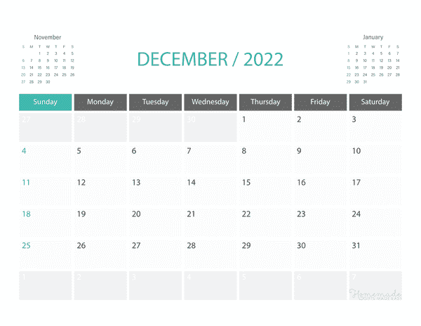 December Calendar 2022 Printable Corporate Landscape