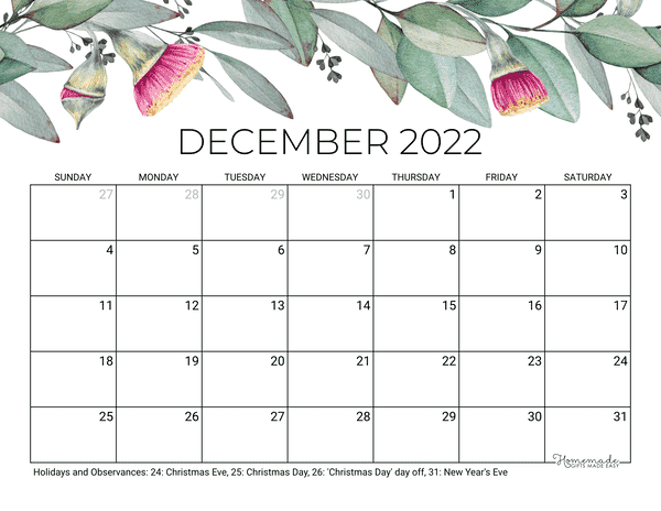 December Calendar 2022 Printable Eucalyptus