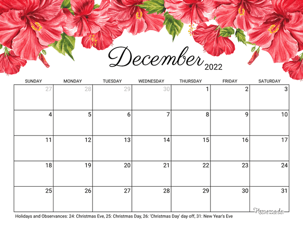 december Calendar 2022 Printable Hibiscus