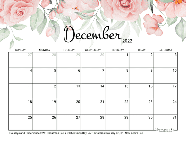 December Calendar 2022 Printable Rose