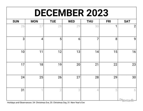December Calendar 2023 Printable Blank
