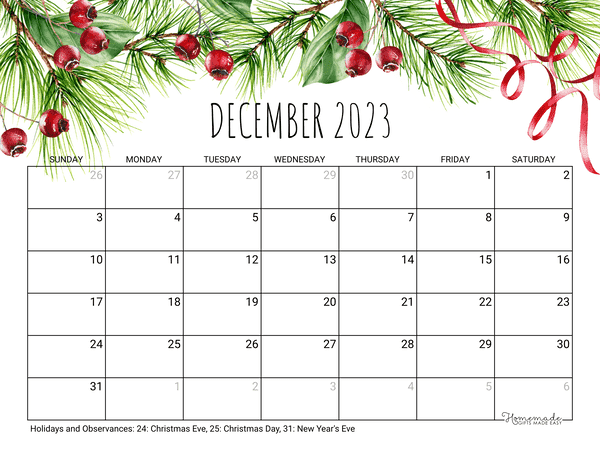 December Calendar 2023 Printable Christmas