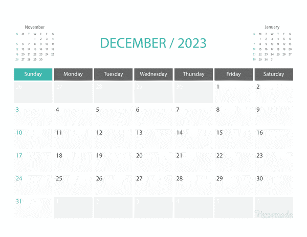 December Calendar 2023 Printable Corporate Landscape