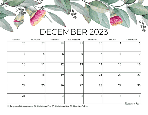 December Calendar 2023 Printable Eucalyptus