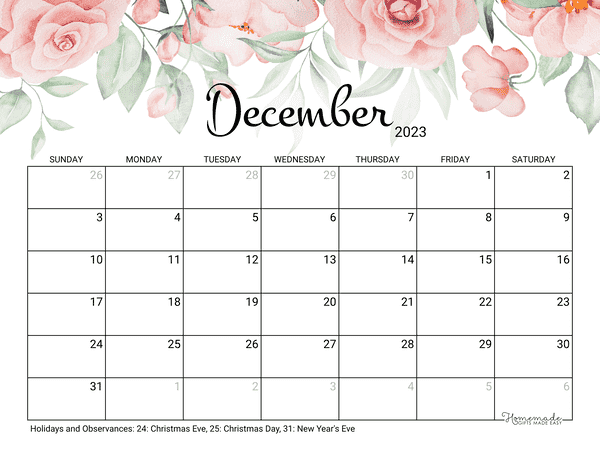 December Calendar 2023 Printable Rose