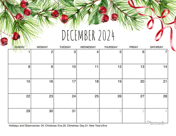 December Calendar 2024 Printable Christmas Landscape 600x464 