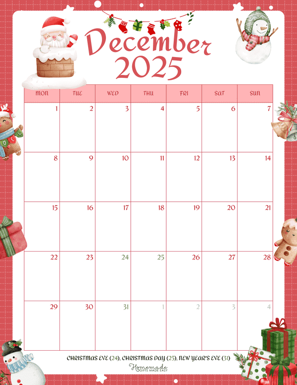 December Calendar 2025 Cute Watercolor Christmas Monday Start