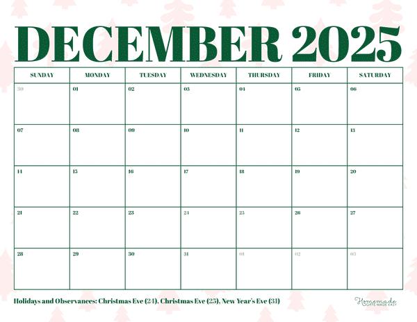 December Calendar 2025 Green Christmas Minimalist
